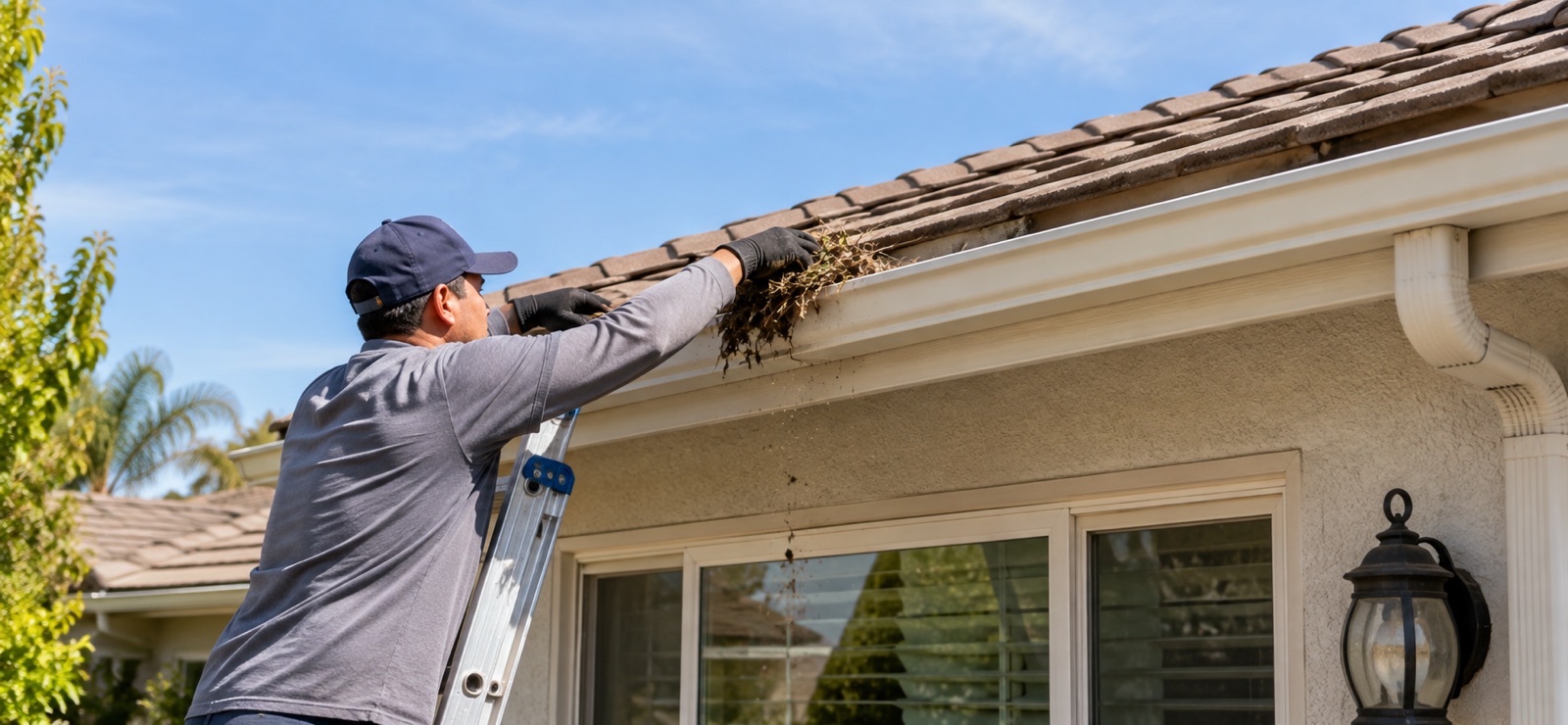 Technician clearing debris from a gutter on a Tracy, CA home