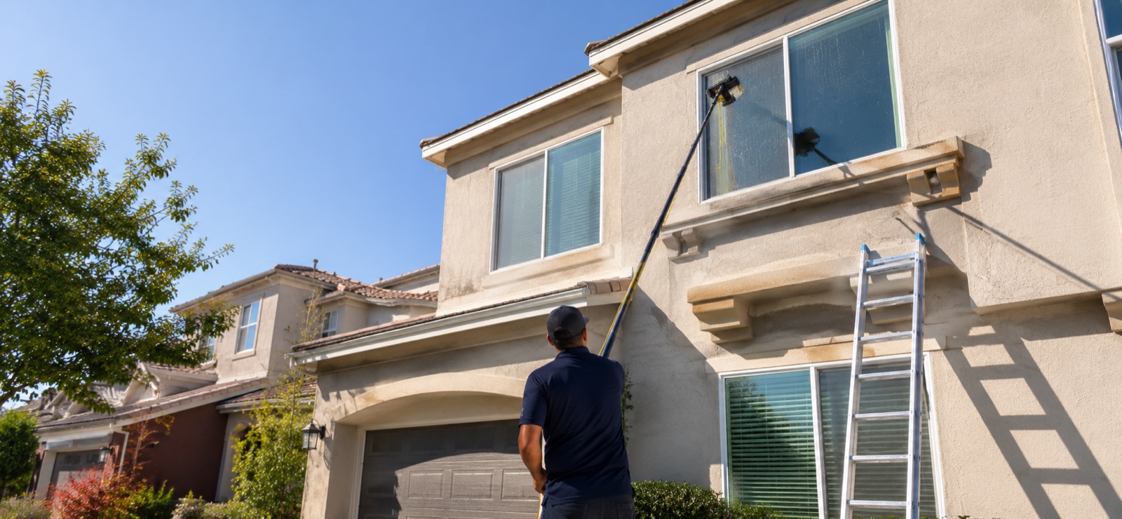 Residential window cleaning technician at work