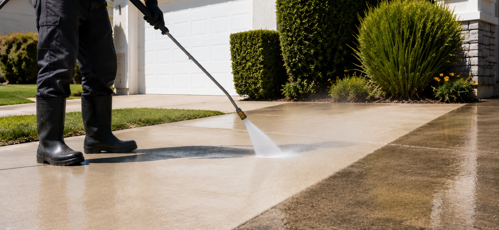 Pressure washing a concrete driveway at a Tracy, CA home