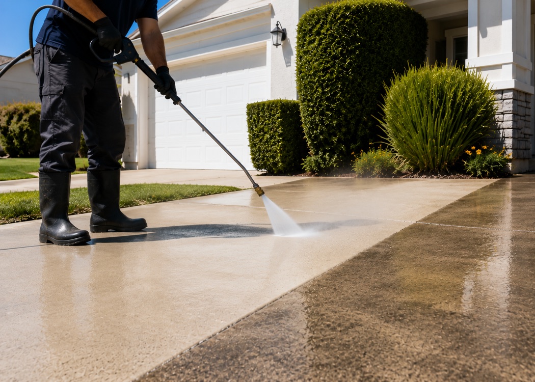 Clean half of a driveway next to a dust-covered half in Tracy, CA