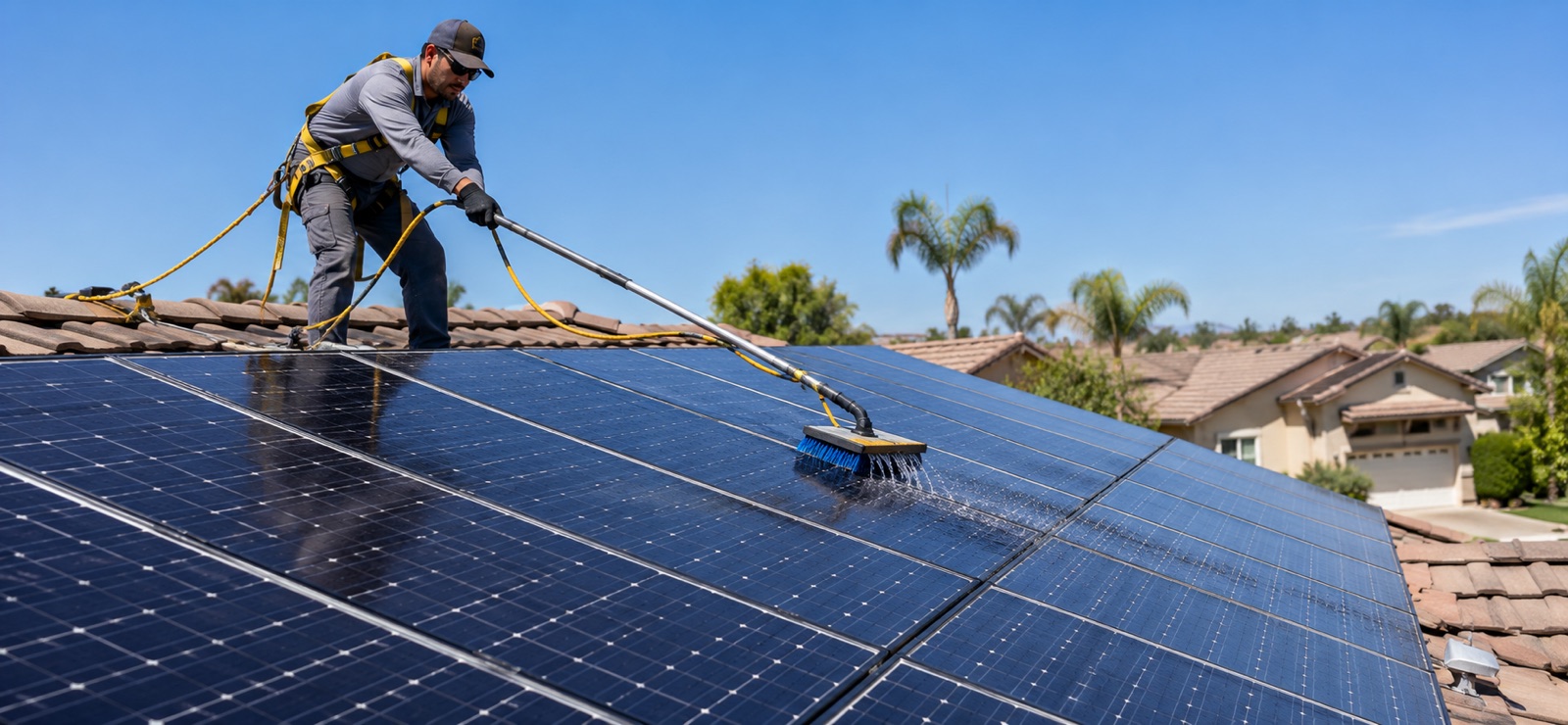Technician cleaning a residential rooftop solar array in Tracy, CA