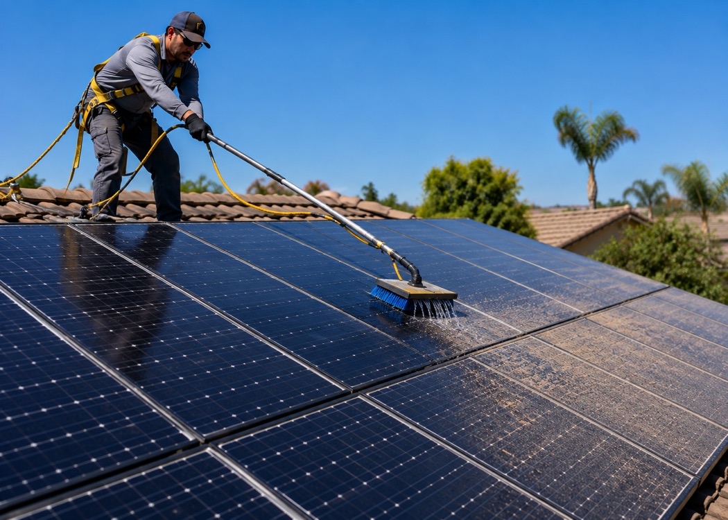 Dust buildup on one section of a solar panel next to a cleaned section in Tracy, CA