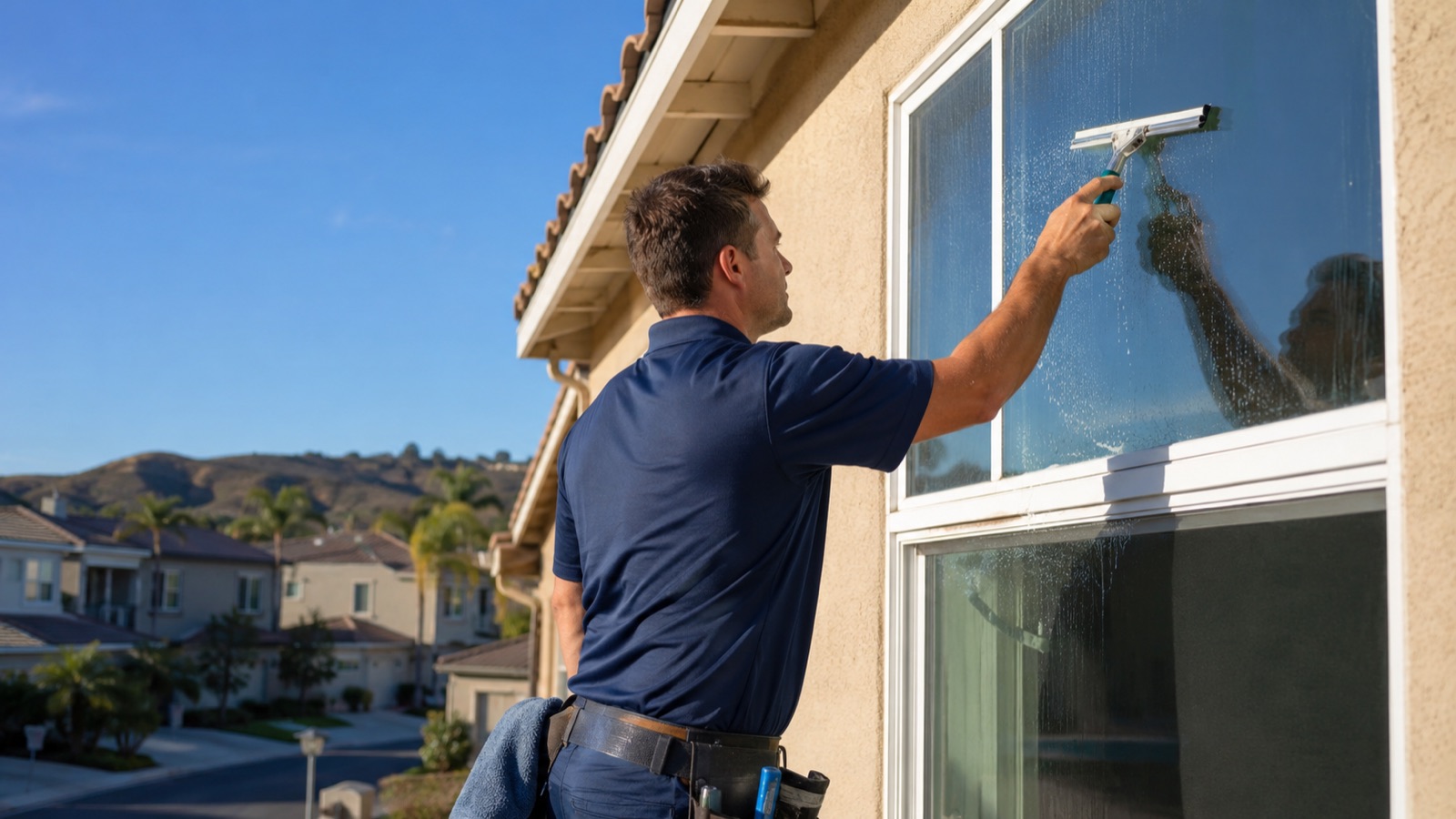 Technician cleaning a residential window with a squeegee